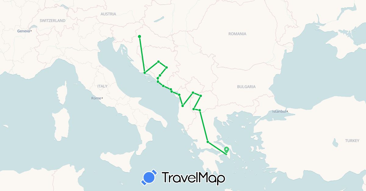 TravelMap itinerary: driving, bus in Albania, Bosnia and Herzegovina, Greece, Croatia, Montenegro, Macedonia, Kosovo (Europe)