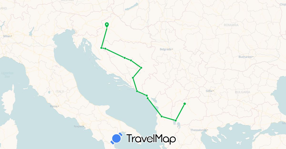 TravelMap itinerary: driving, bus in Albania, Bosnia and Herzegovina, Croatia, Montenegro, Macedonia (Europe)